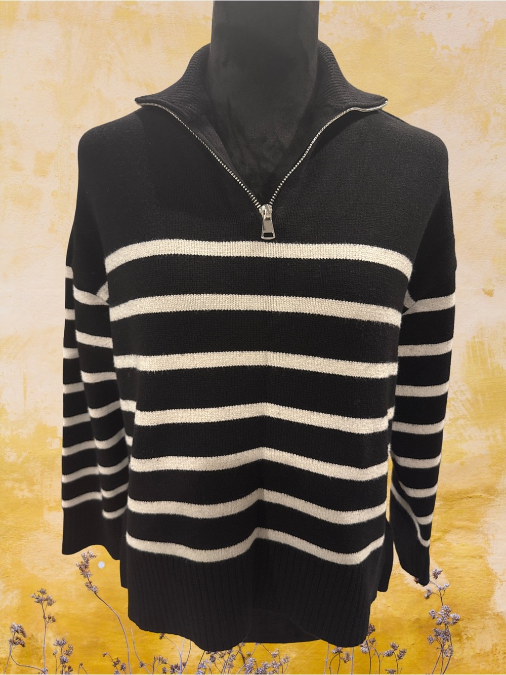 Zara Black and White Striped Zip-Up Sweater